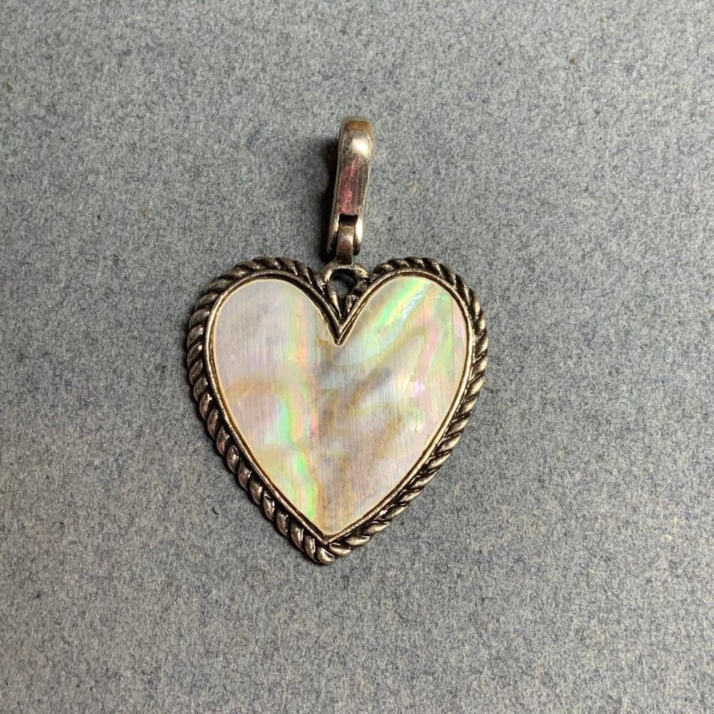 MOP Heart Pendant Silver Rope Mother Of Pearl White Iridescent Retro Vintage - Picture 2 of 5